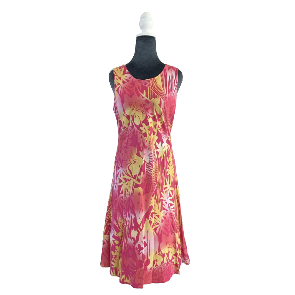 Vintage Hilo Hattie Hawaiian Dress Plumeria Pink Yellow Island Resort Medium